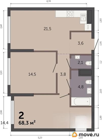 2-комн. квартира, 68.7 м&sup2;