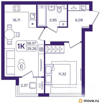 1-комн. квартира, 39.26 м&sup2;
