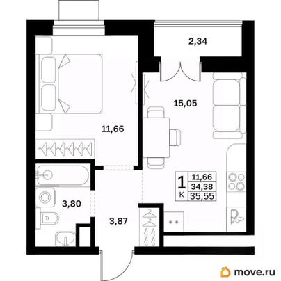1-комн. квартира, 35.55 м&sup2;