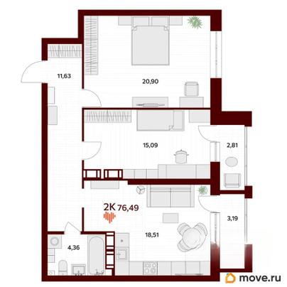 2-комн. квартира, 76.49 м&sup2;