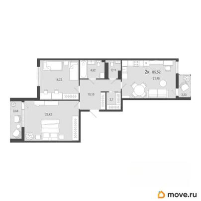 2-комн. квартира, 85.52 м&sup2;