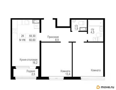 2-комн. квартира, 59.3 м&sup2;