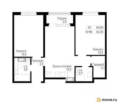 2-комн. квартира, 60.9 м&sup2;