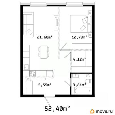 1-комн. квартира, 52.1 м&sup2;