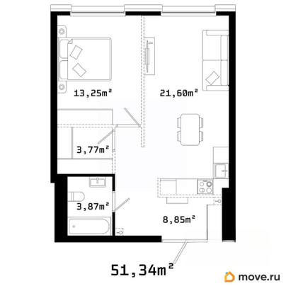 1-комн. квартира, 51.6 м&sup2;