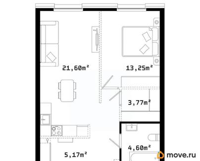1-комн. квартира, 52.4 м&sup2;