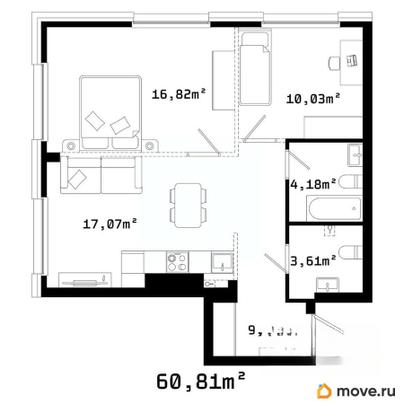 2-комн. квартира, 60.9 м&sup2;