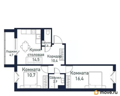 2-комн. квартира, 53.3 м&sup2;