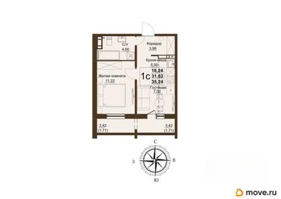 2-комн. квартира, 35.1 м&sup2;