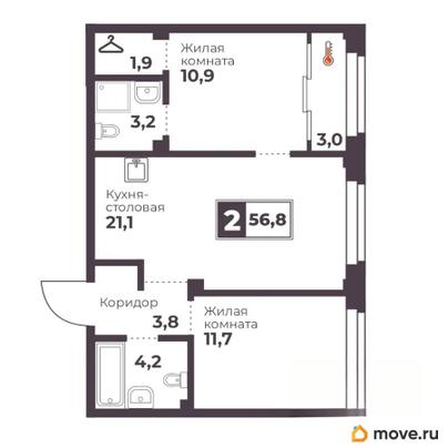 2-комн. квартира, 56.8 м&sup2;