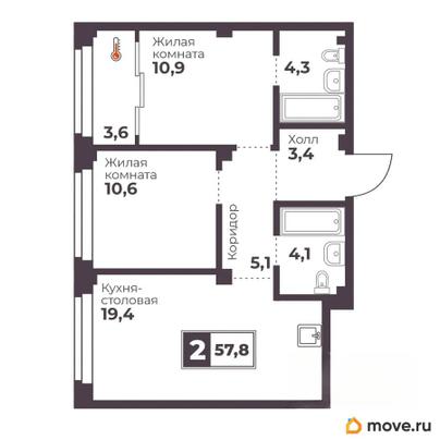 2-комн. квартира, 57.8 м&sup2;