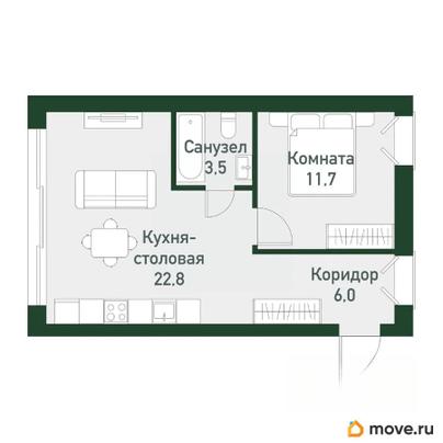 1-комн. квартира, 43.5 м&sup2;