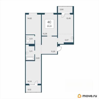 3-комн. квартира, 91.01 м&sup2;