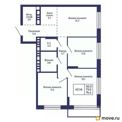 3-комн. квартира, 74.4 м&sup2;