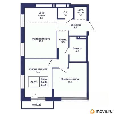 2-комн. квартира, 65.6 м&sup2;