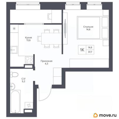 1-комн. квартира, 37.7 м&sup2;