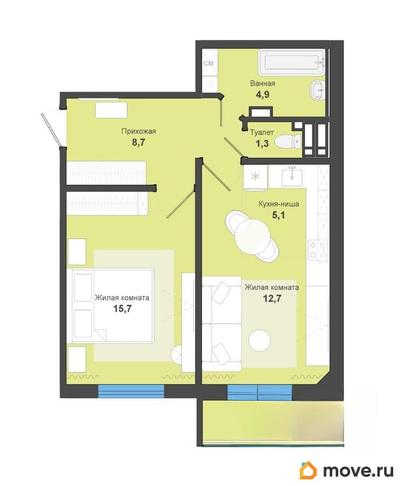 2-комн. квартира, 51.6 м&sup2;