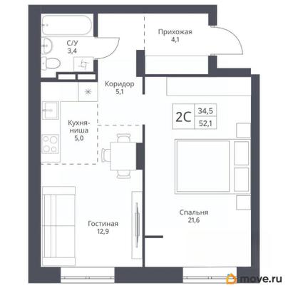 2-комн. квартира, 52.1 м&sup2;
