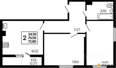 2-комн. квартира, 72.86 м&sup2;