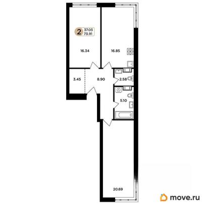 2-комн. квартира, 74 м&sup2;