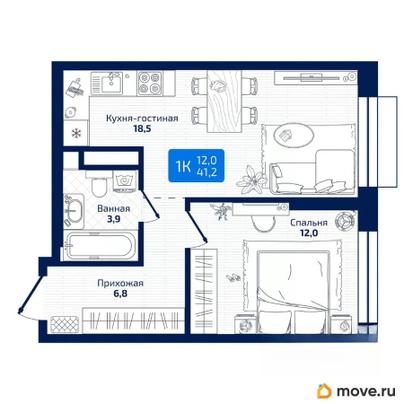 1-комн. квартира, 41.2 м&sup2;
