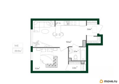 1-комн. квартира, 39.9 м&sup2;