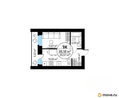 1-комн. квартира, 38.18 м&sup2;
