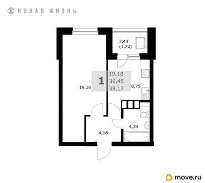 1-комн. квартира, 38.2 м&sup2;