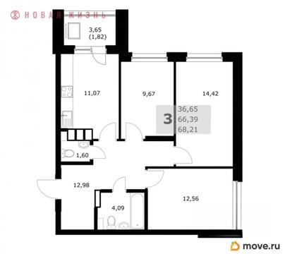 3-комн. квартира, 68.2 м&sup2;