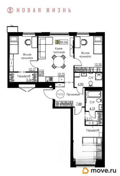 3-комн. квартира, 83.3 м&sup2;