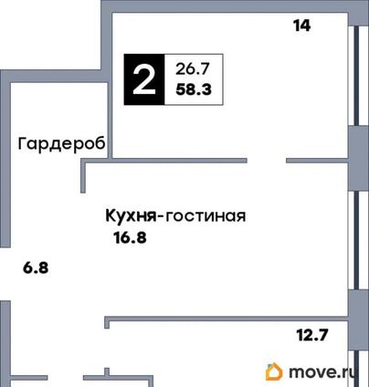 2-комн. квартира, 58.3 м&sup2;