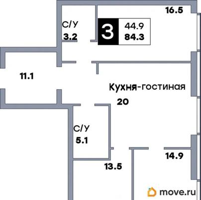 3-комн. квартира, 84.3 м&sup2;