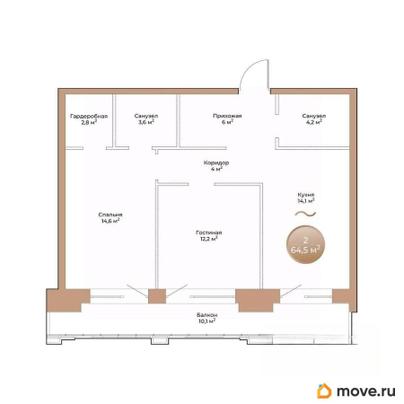 2-комн. квартира, 64.5 м&sup2;