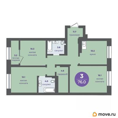 3-комн. квартира, 72.8 м&sup2;