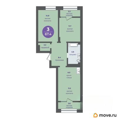 3-комн. квартира, 60.5 м&sup2;