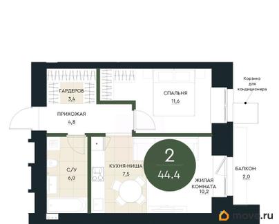2-комн. квартира, 44.4 м&sup2;