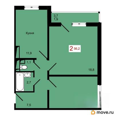 2-комн. квартира, 56.2 м&sup2;