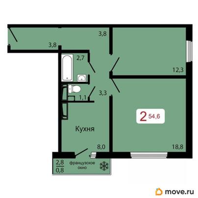 2-комн. квартира, 54.6 м&sup2;