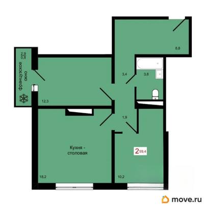 2-комн. квартира, 59.4 м&sup2;