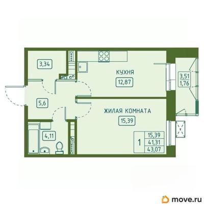 1-комн. квартира, 43.07 м&sup2;
