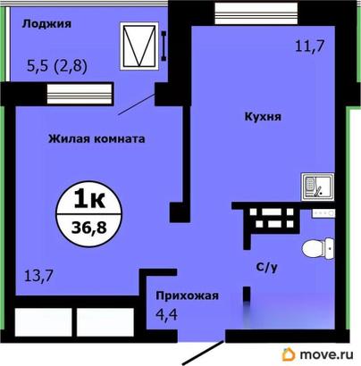 1-комн. квартира, 36.8 м&sup2;