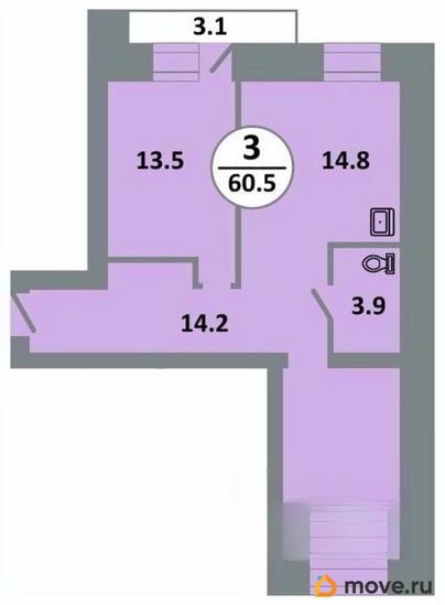 3-комн. квартира, 60.6 м&sup2;