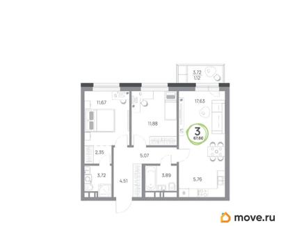 3-комн. квартира, 67.6 м&sup2;