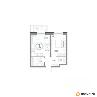 1-комн. квартира, 41.99 м&sup2;