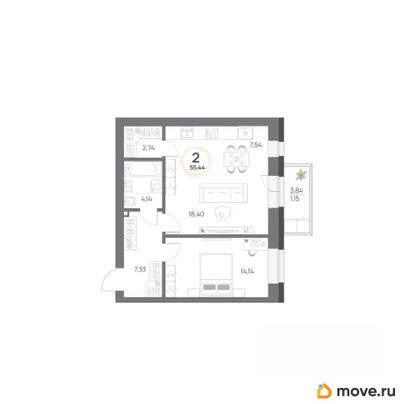 2-комн. квартира, 55.44 м&sup2;