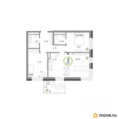 3-комн. квартира, 70.37 м&sup2;