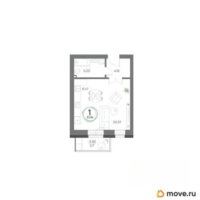 1-комн. квартира, 37.34 м&sup2;