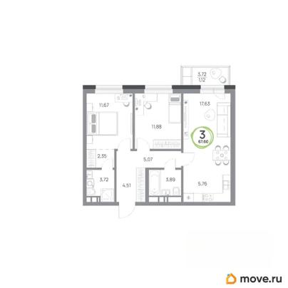3-комн. квартира, 67.6 м&sup2;