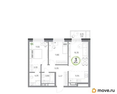 3-комн. квартира, 66.61 м&sup2;