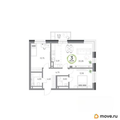 3-комн. квартира, 69.39 м&sup2;